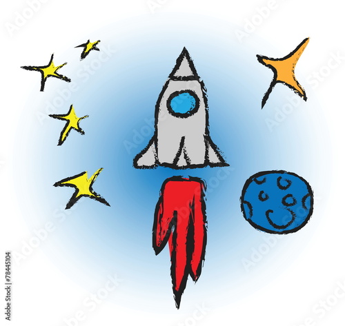 cartoon rocket spaceship with space background and planets