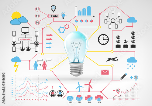 electric lightbulb idea with blue red infographic icons