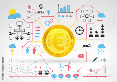 Euro coin earnings with blue red infographic icons