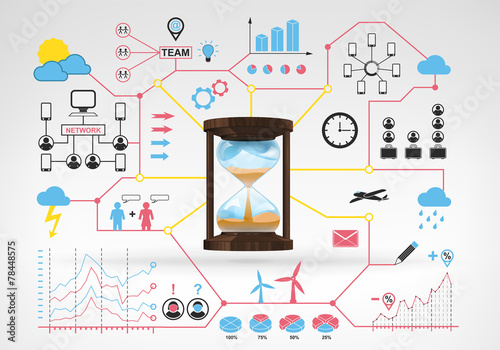 sandglass time counting with blue red infographic icons