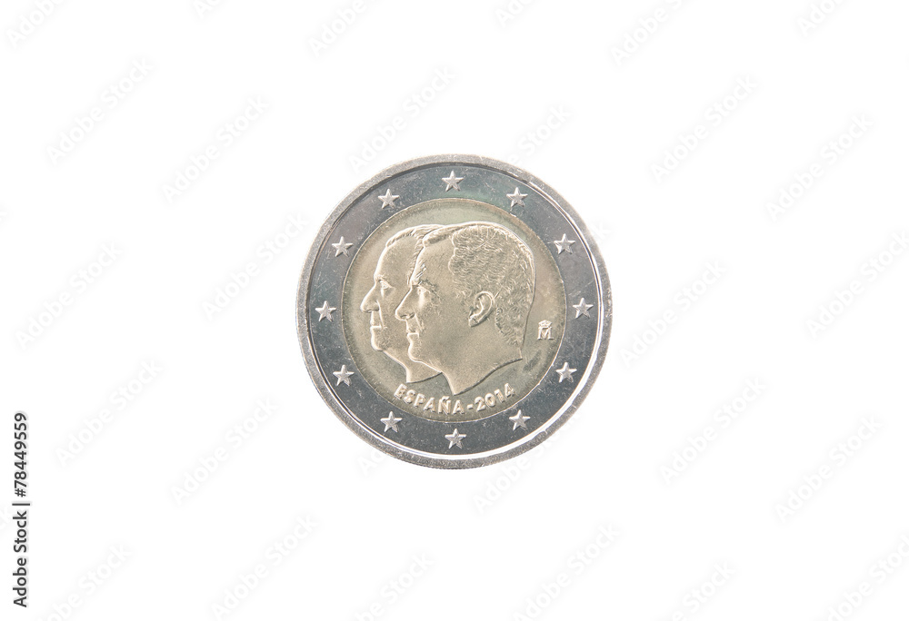 Commemorative 2 euro coin of Spain minted in 2014 over white Commemorative 2 euro coin of Spain minted in 2014 over white