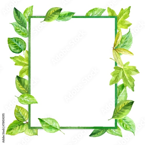 square frame made of various leaves in watercolor.