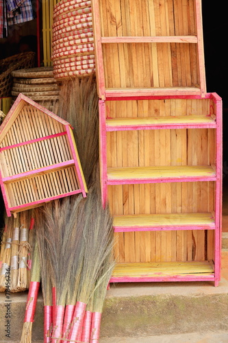 Wooden cupboards-wicker trays-brooms. Dhulikhel-Nepal. 1055 photo