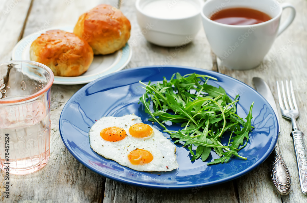 fresh breakfast with scrambled eggs and arugula fresh breakfast with scrambled eggs and arugula