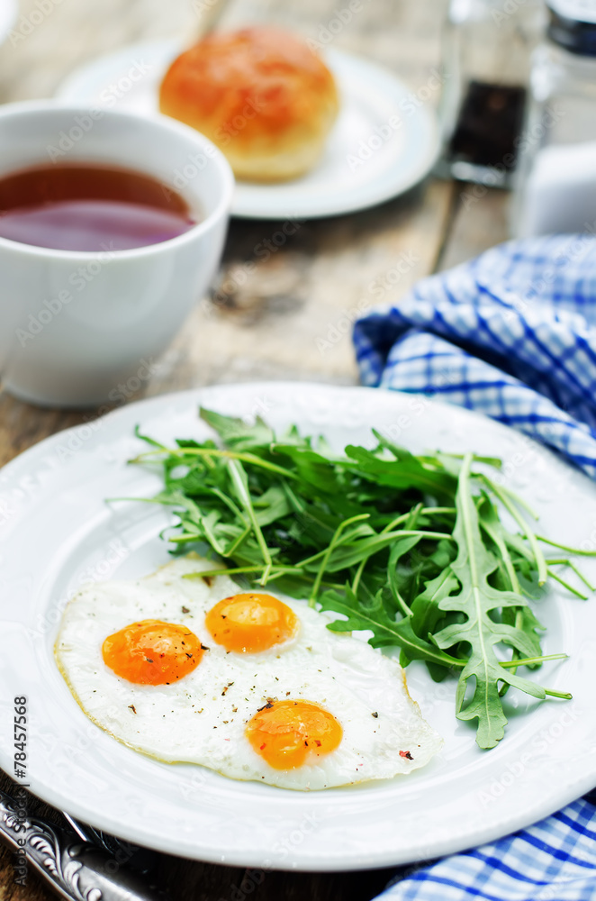fresh breakfast with scrambled eggs and arugula fresh breakfast with scrambled eggs and arugula