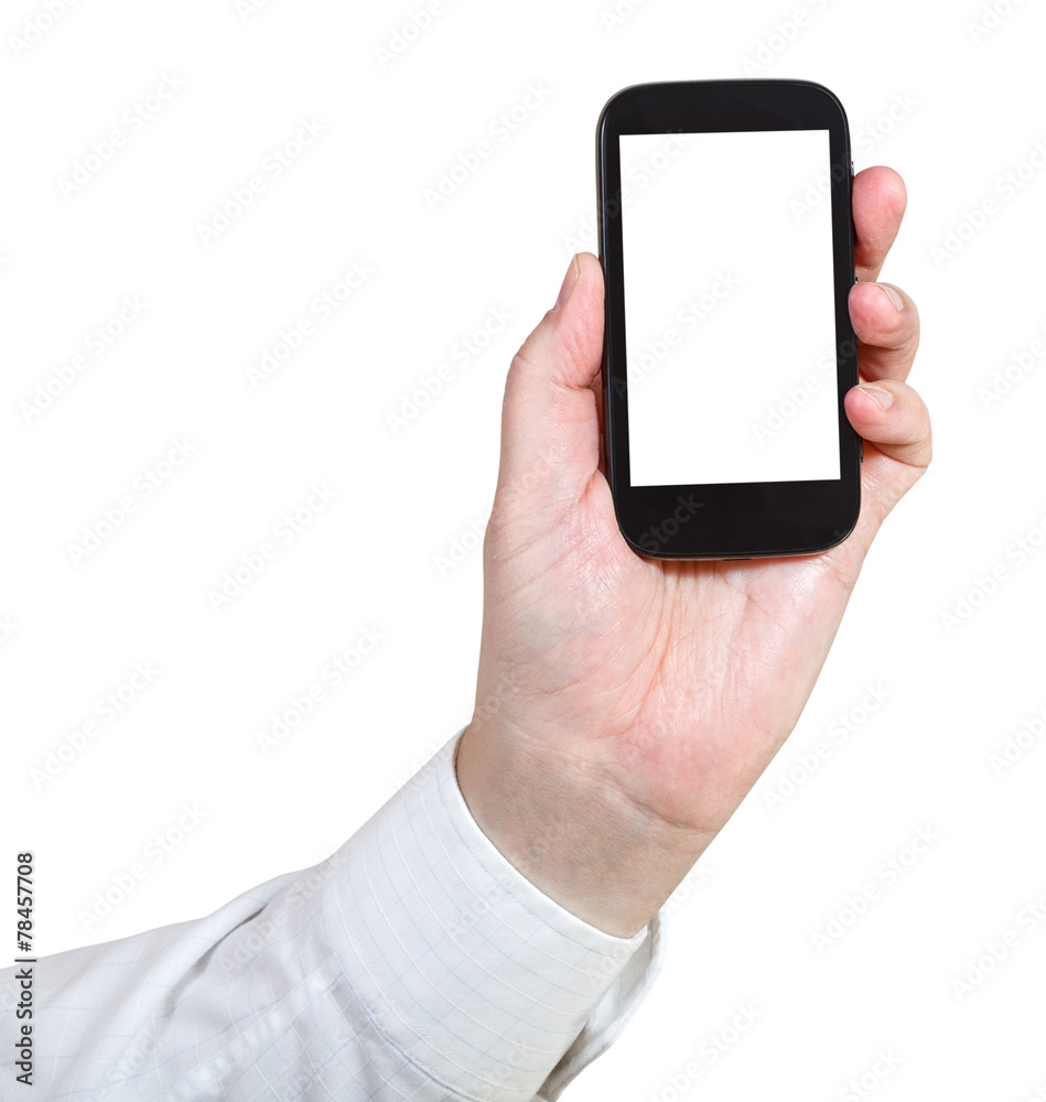 businessman holds mobile phone with cut out screen businessman holds mobile phone with cut out screen