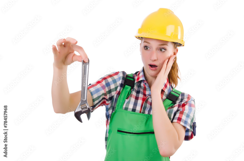 Constructon worker female with wrench isolated on white