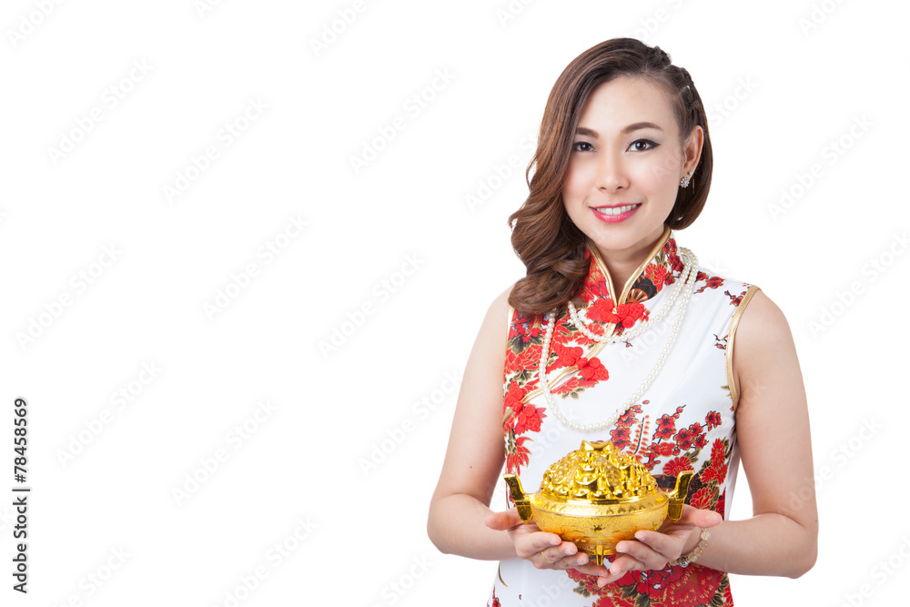 Happy chinese new year. beauty woman showing gold Happy chinese new year. beauty woman showing gold