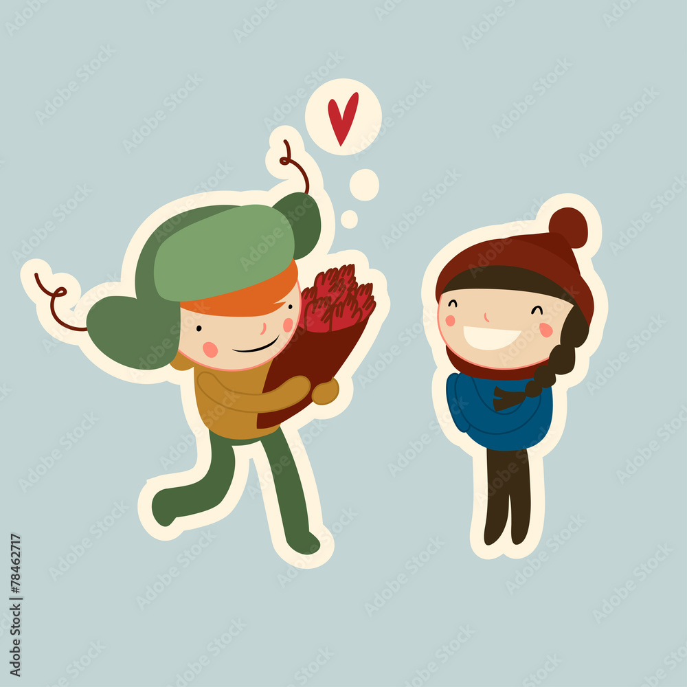 flat valentine cartoon couple on date in winter flat valentine cartoon couple on date in winter