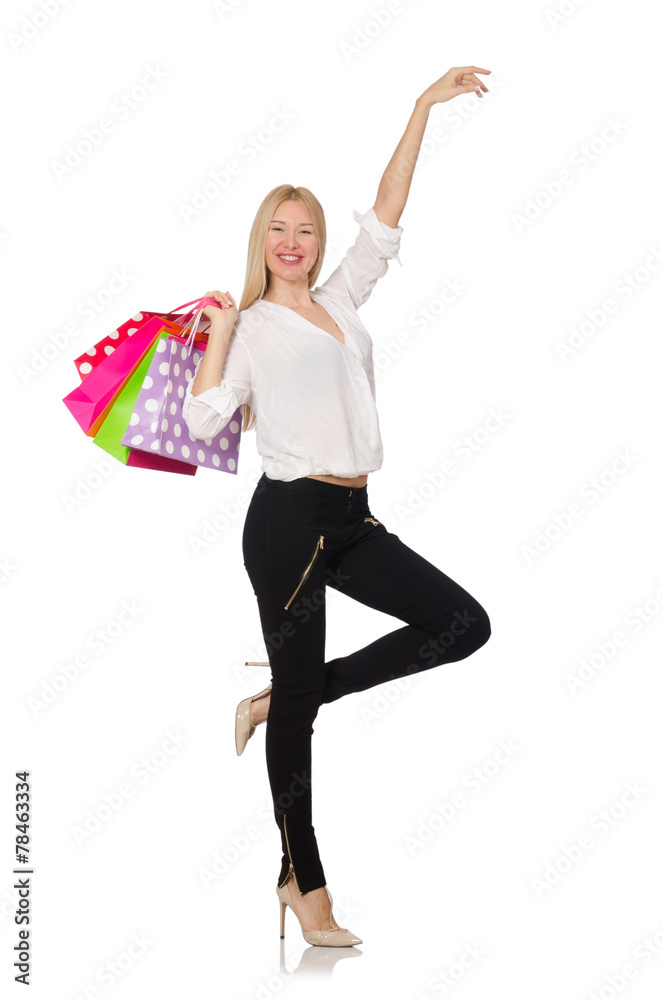 Woman many shopping bags after shopping isolated on white Woman many shopping bags after shopping isolated on white