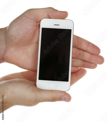 Hands holding mobile smart phone isolated on white