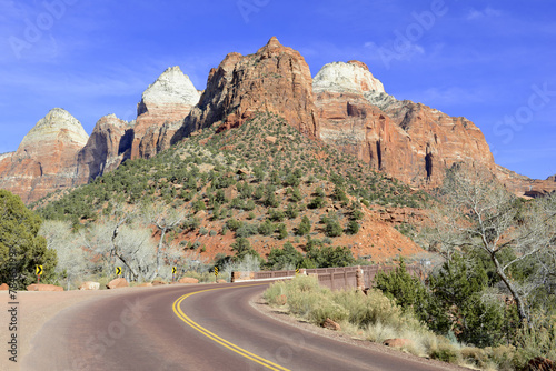 Road through mountains in Zion National Park, Utah