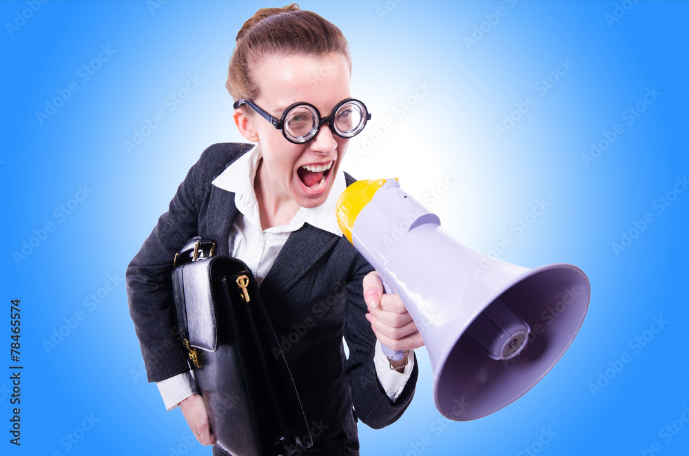 Young businessman with loudspeaker on white Young businessman with loudspeaker on white