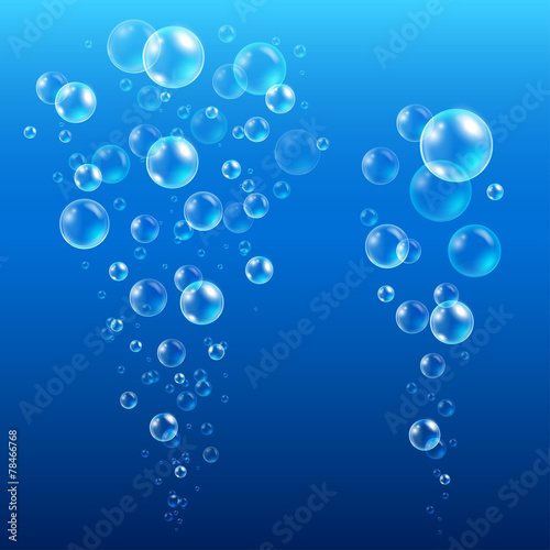 Set of rising from the depths of blue air bubbles