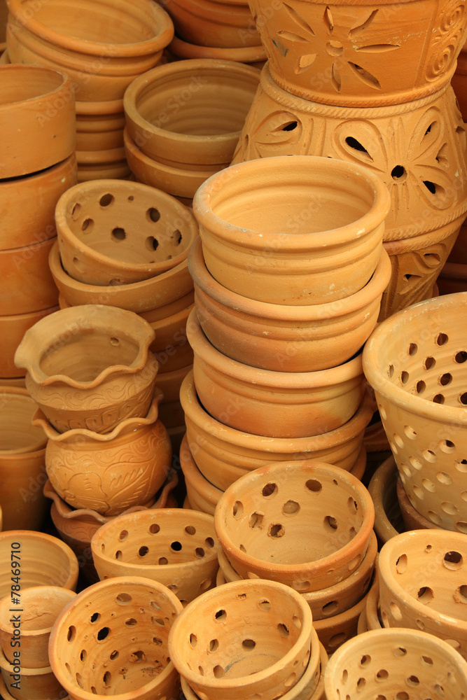 close up old flower clay pot in market