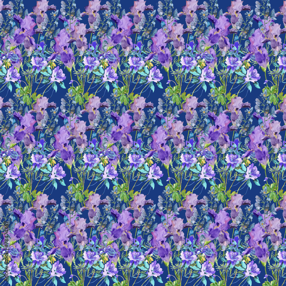 Obraz premium Cranesbill Columbine and Iris seamless pattern
