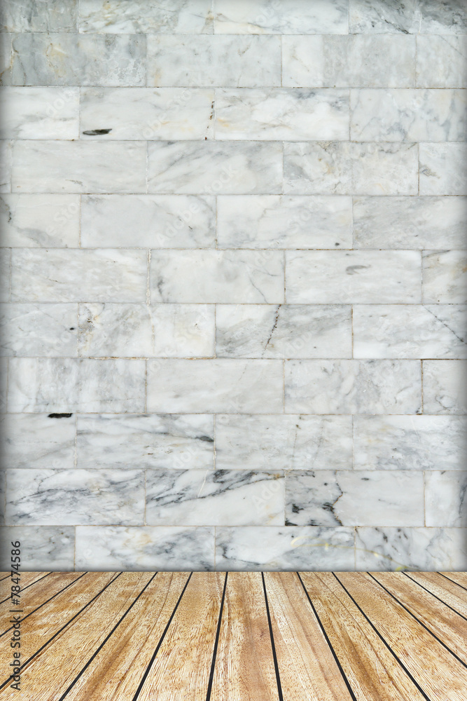 Backdrop marble wall and wood slabs arranged in perspective 