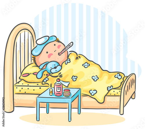 Child has got flu and is lying in bed with a thermometer