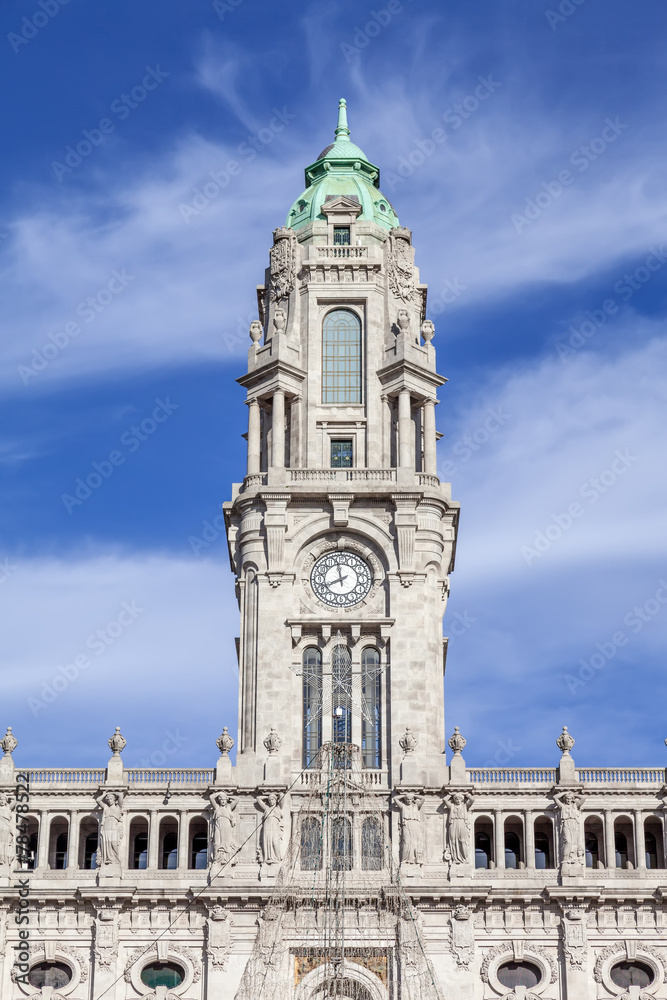 The clock tower of the City Hall of Porto in the Aliados Avenue