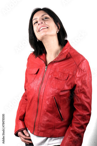 Woman with red leather jacket
