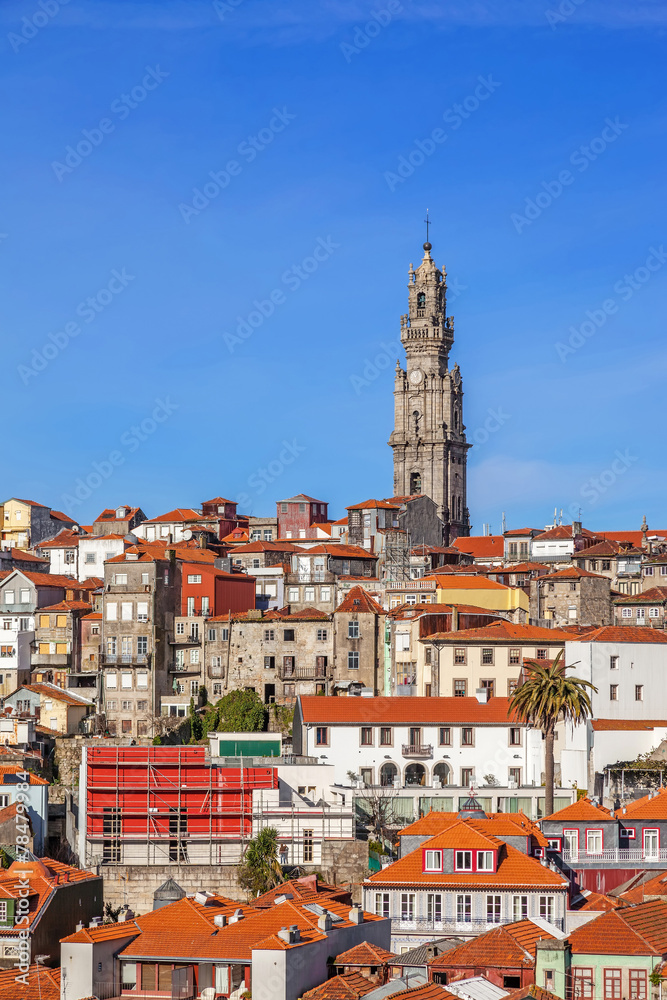 The iconic Clerigos Tower in the city of Porto, Portugal