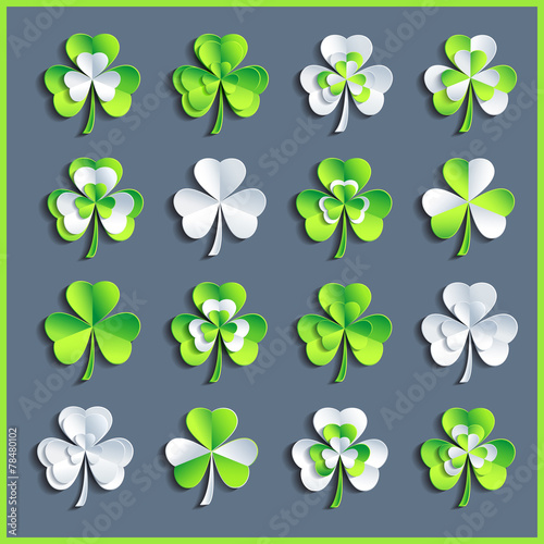 Set of white and green 3d Patricks leaf clover