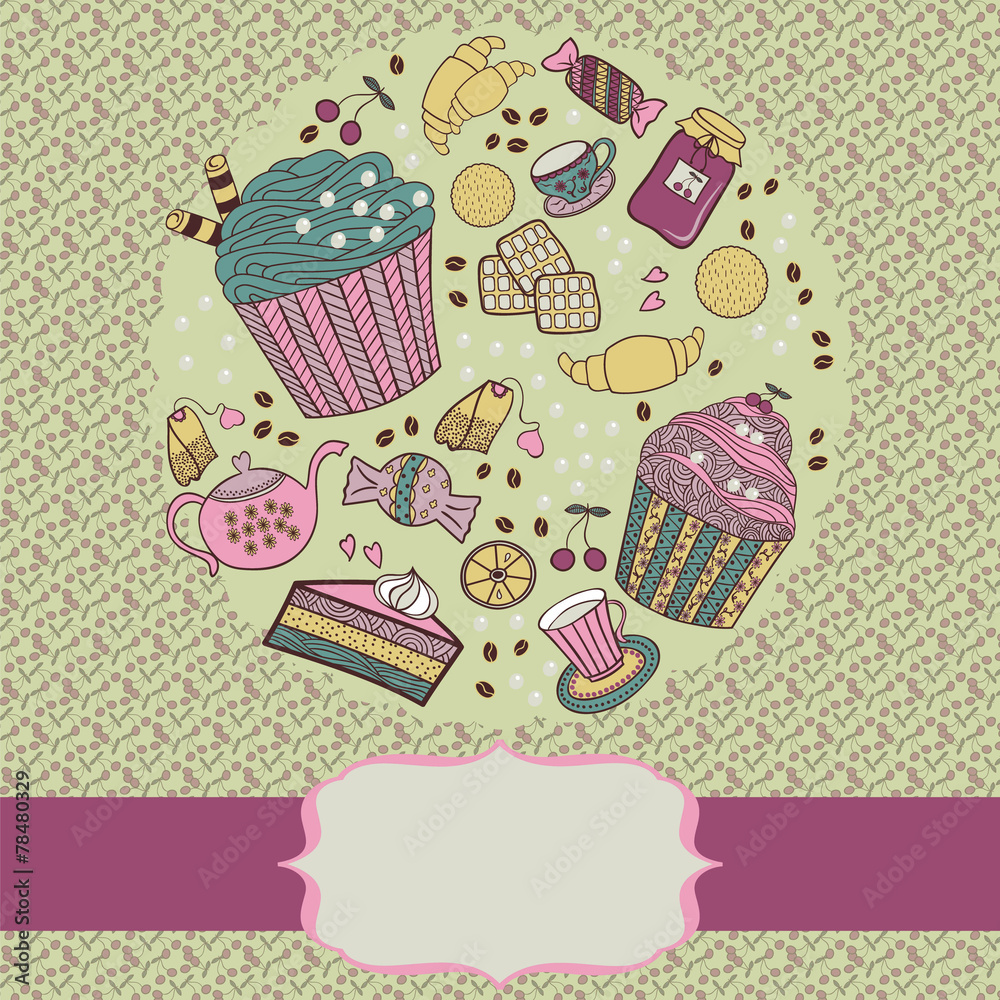 Round frame with tea things and sweets. Round frame with tea things and sweets.