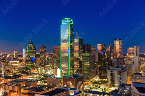 Dallas, Texas cityscape with blue sky at sunset