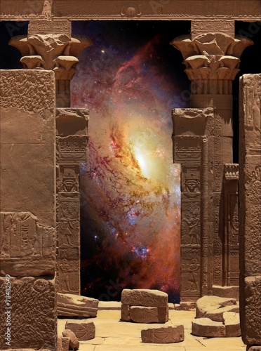 Hathor Temple on Agilkia island and Galaxy M106 (Elements of thi