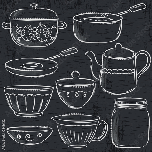 set of different  tableware on blackboard, vector