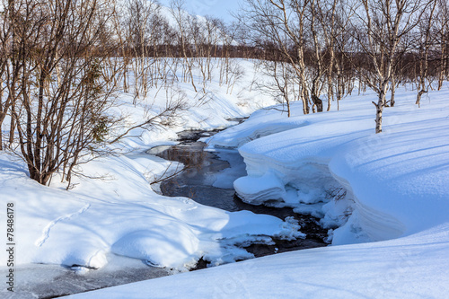 winter landscape with river and mountain photo