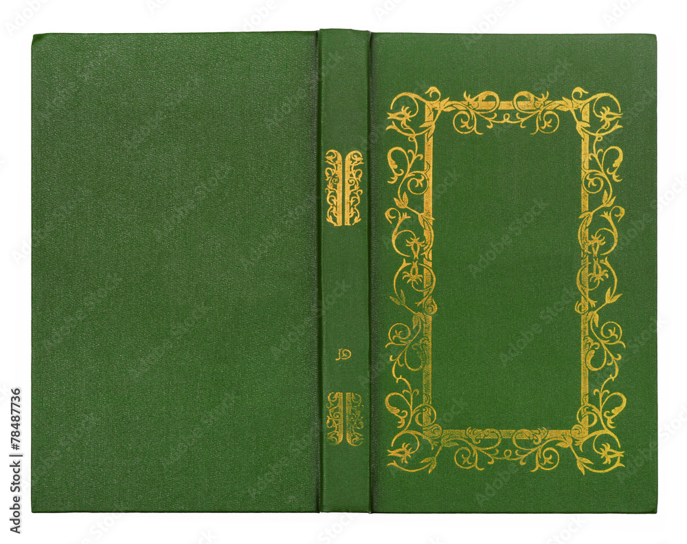 Green leather book cover with gold pattern isolated on white bac Green leather book cover with gold pattern isolated on white bac