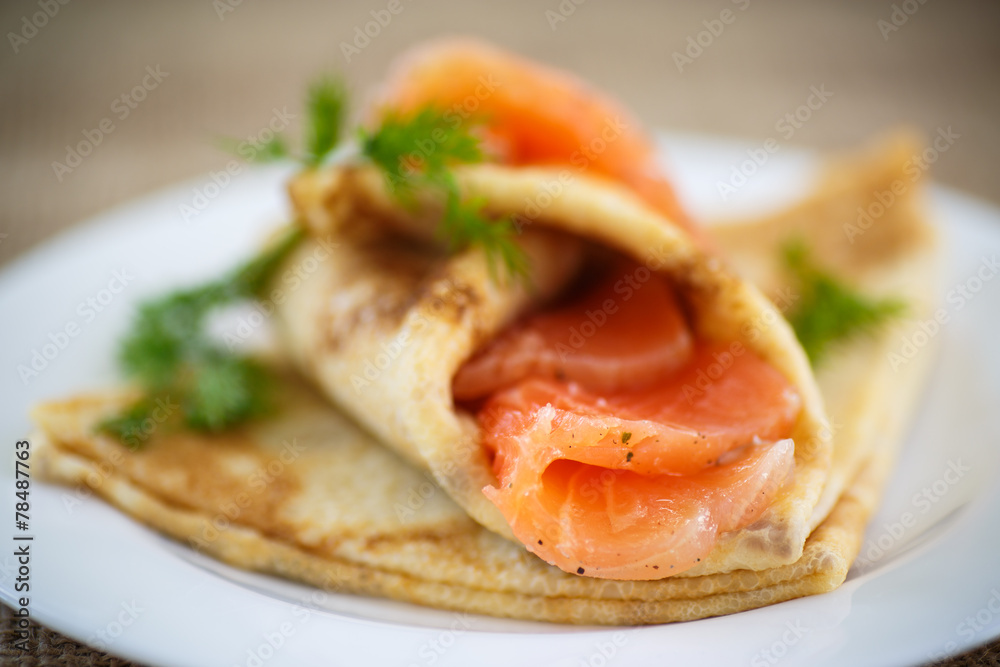 stack of pancakes with salted salmon