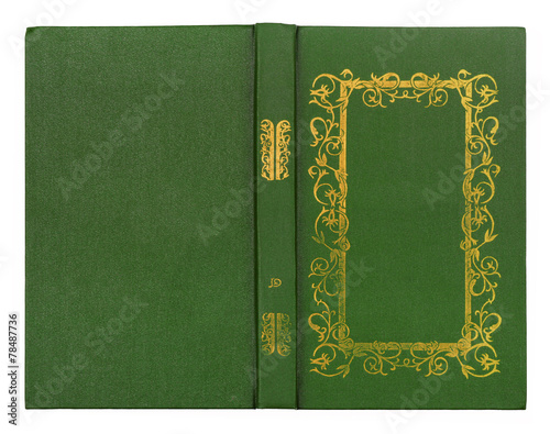Green leather book cover with gold pattern isolated on white bac