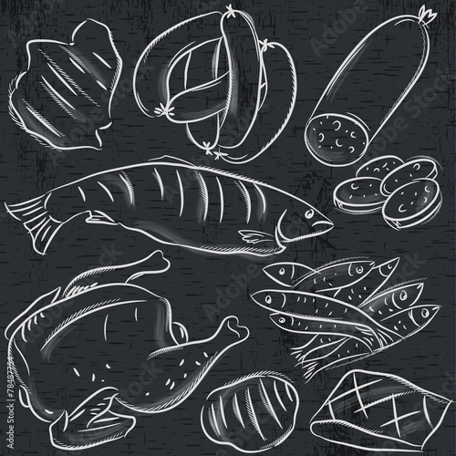 set of different meats on blackboard , vector