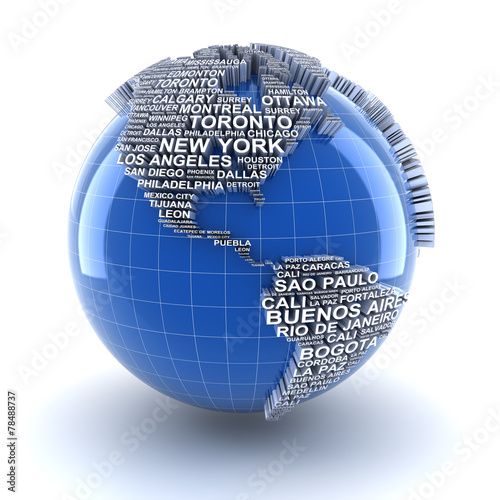 Photography Earth with names of major cities in the world