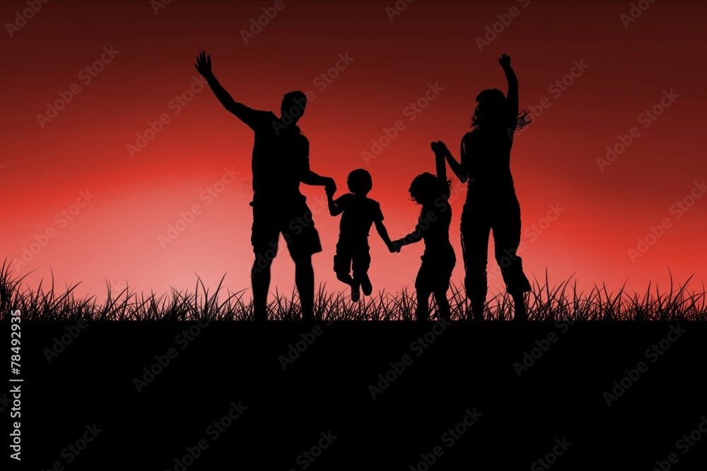 Composite image of silhouette of family jumping Composite image of silhouette of family jumping