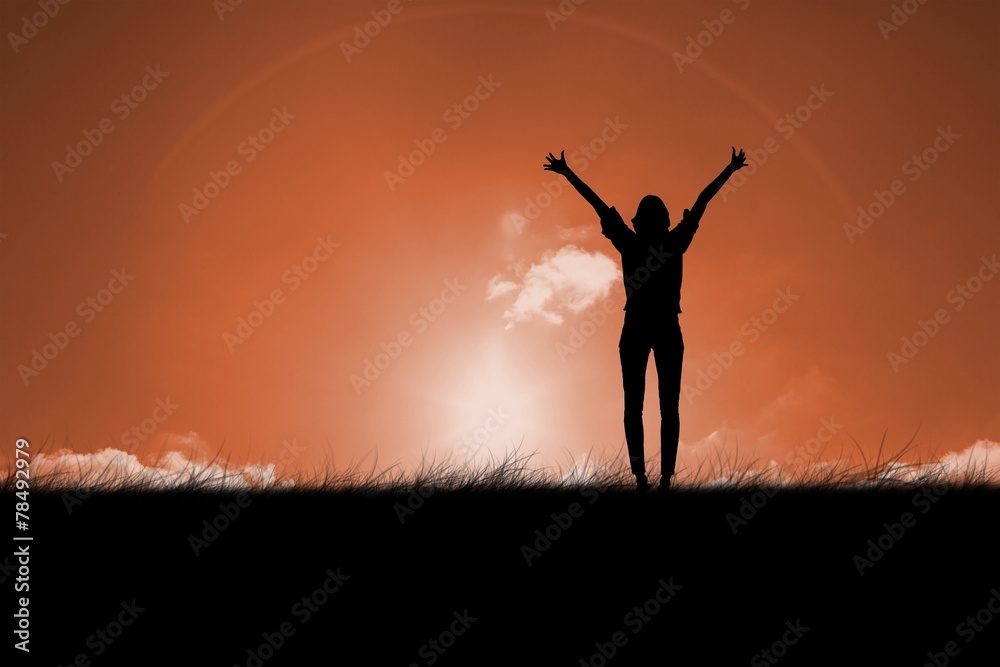 Composite image of silhouette of cheering woman Composite image of silhouette of cheering woman
