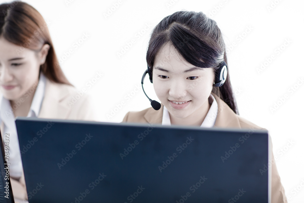 Asian women call center with phone headset Asian women call center with phone headset