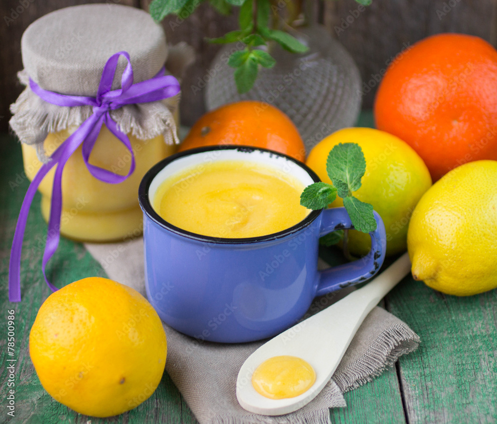Lemon  Kurd  and citrus on the table. soft focus