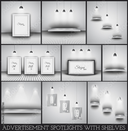 Collection of spotlights and shelves for advertisement