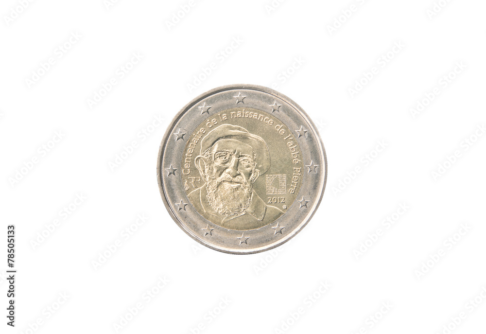 Commemorative 2 euro coin of France minted in 2012 over white Commemorative 2 euro coin of France minted in 2012 over white