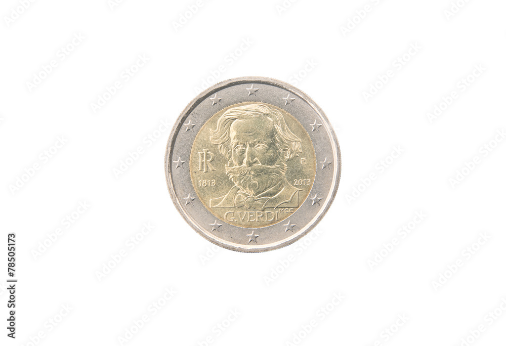 Commemorative 2 euro coin of Italy minted in 2013 over white Commemorative 2 euro coin of Italy minted in 2013 over white