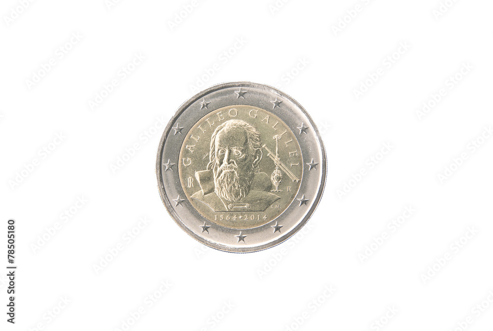 Commemorative 2 euro coin of Italy minted in 2014 over white Commemorative 2 euro coin of Italy minted in 2014 over white
