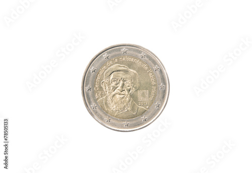 Commemorative 2 euro coin of France minted in 2012 over white