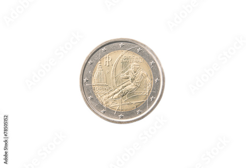 Commemorative 2 euro coin of Italy minted in 2006 over white