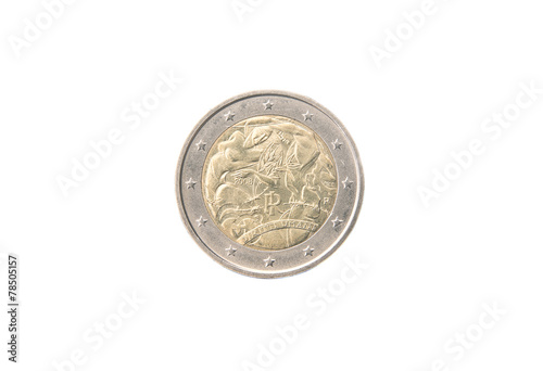 Commemorative 2 euro coin of Italy minted in 2008 over white