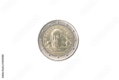 Commemorative 2 euro coin of Italy minted in 2014 over white