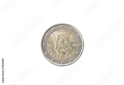 Commemorative 2 euro coin of Italy minted in 2014 over white