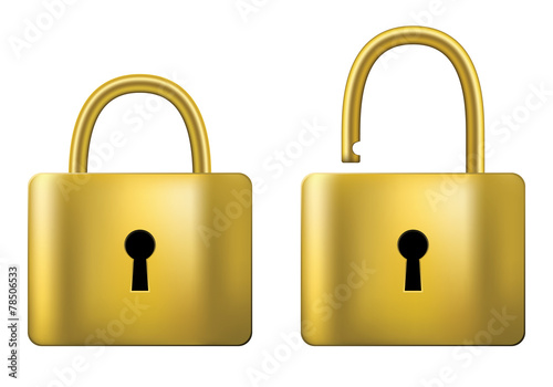 Locked and unlocked Padlock gold isolated on white background